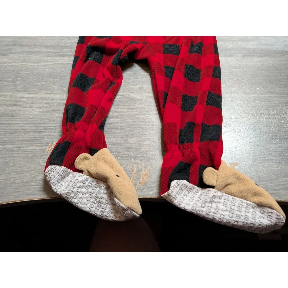 Carters 18M Red Black Buffalo Plaid Fleece Footed Pajamas Bear Feet Sleeper